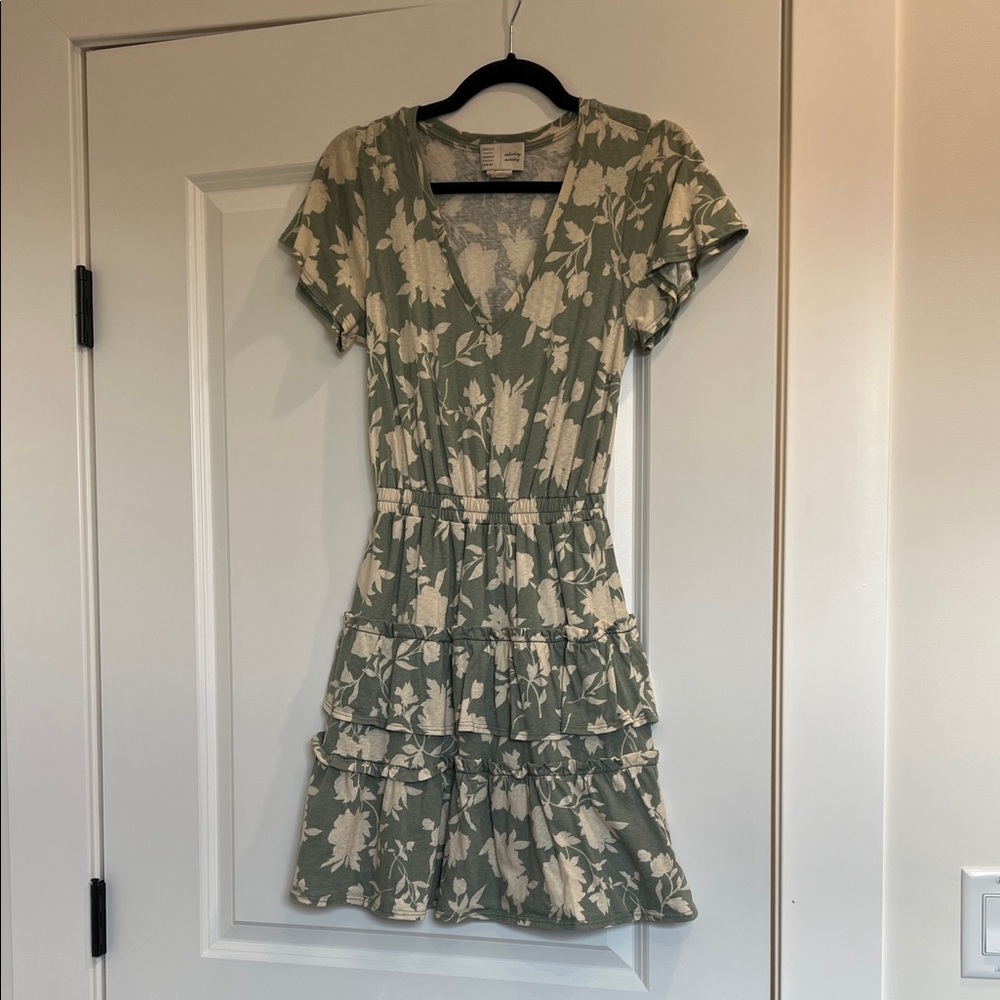 Anthropologie Floral Mini Dress in Green and Cream